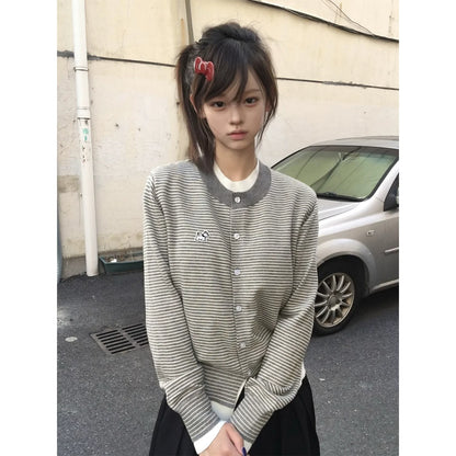 Korean Preppy Striped Knit Cardigan Autumn Loose Fit Layered Sweater Top