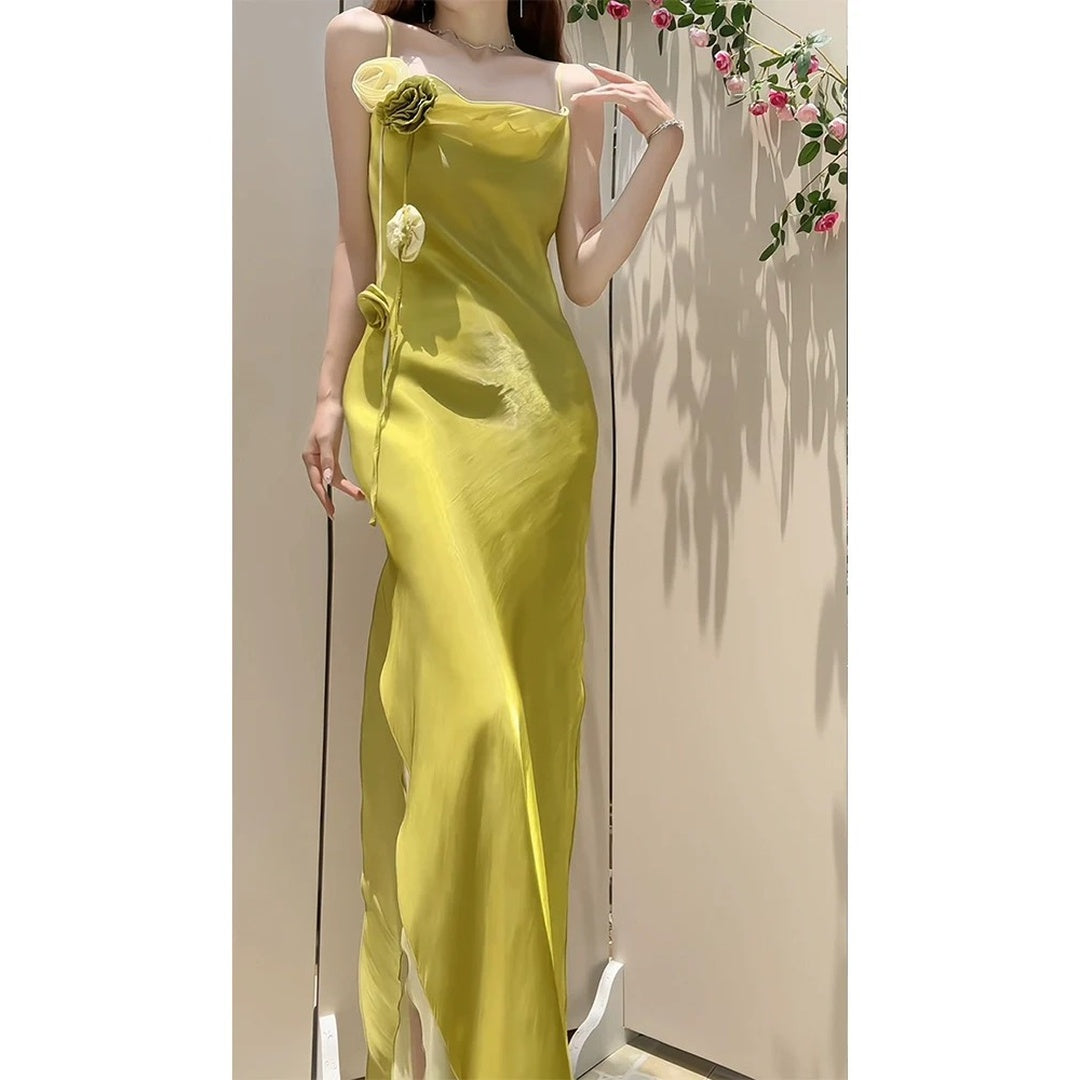 Elegant French Double Layer Draped Slit Spaghetti Strap Gown Dress