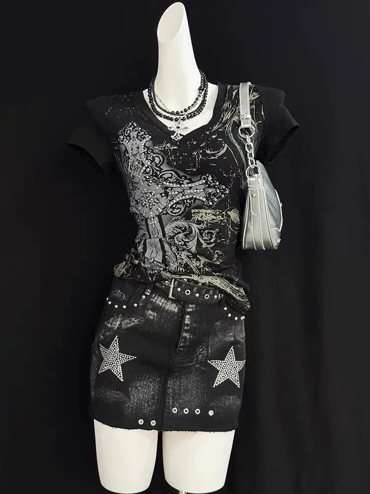 Black Subculture Gothic Rock Punk Y2K E-girl Print V-neck Waist-Cinched Short Sleeve Top