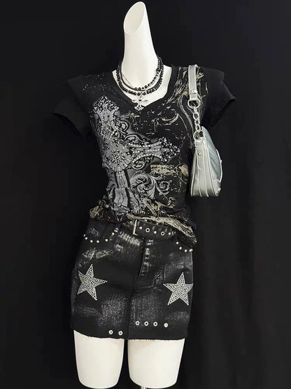 Black Subculture Gothic Rock Punk Y2K E-girl Print V-neck Waist-Cinched Short Sleeve Top