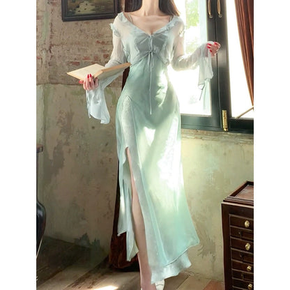 Ruffle Gold Long Sleeve Silk Gown Dress
