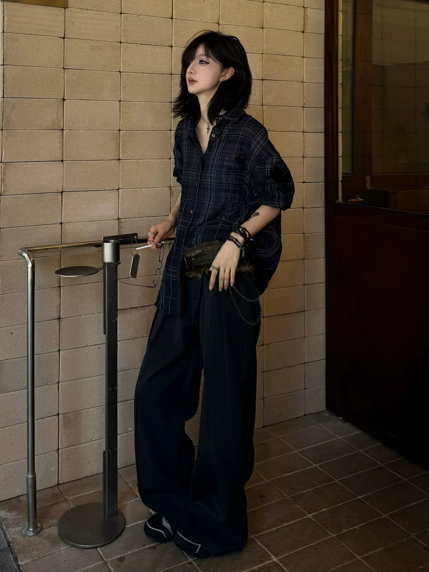 Asymmetric Plaid Long Sleeve Shirt Sheer Vacation Loose Fit Top