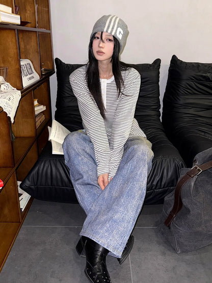 Henley Stripe Long Sleeve Top Autumn Slim Fit Cleanfit