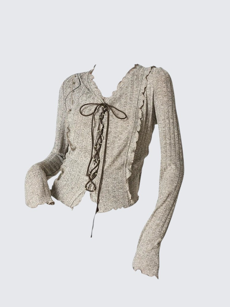 Bow Tie Ruffle Vintage Long Sleeve Top