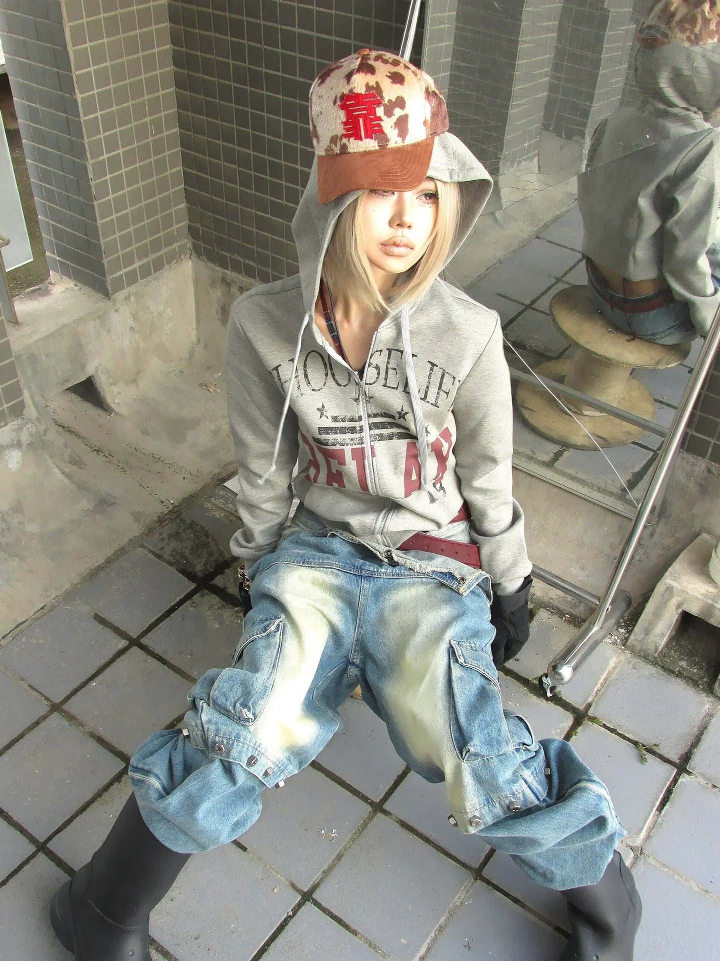 American Distressed Gray Hoodie Printed Zip-Up Jacket