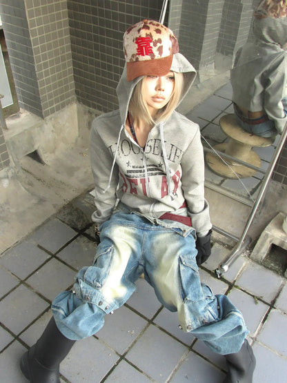 American Distressed Gray Hoodie Printed Zip-Up Jacket