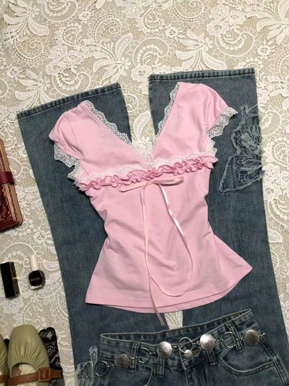 Pink Subculture Y2K E-girl Abi American Retro Lace & Bow Short Sleeve Top