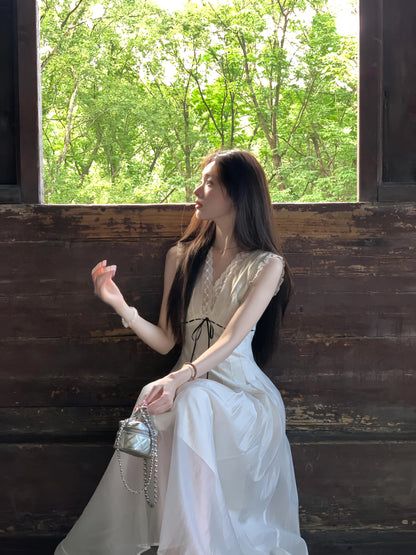 Handcrafted Lace-Paneled V-Neck Sleeveless Tencel Maxi Dress