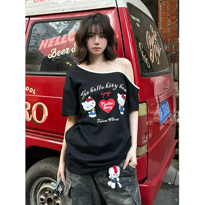 American Black Off-Shoulder Tee Kitty Print Loose Top