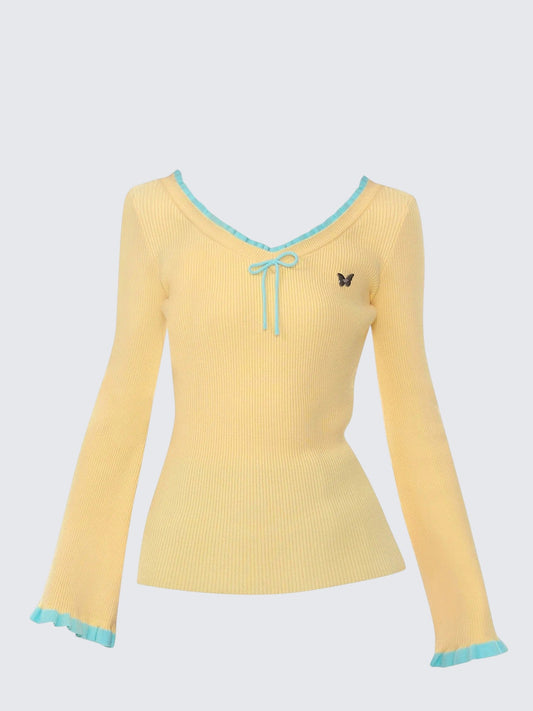 Long Sleeve V-Neck Ruffle Knit