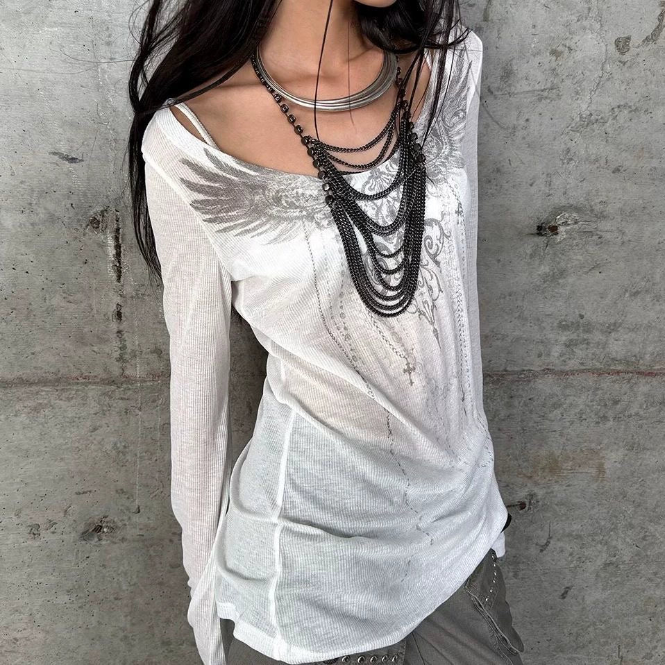 White Cutout Print Light Subculture Punk Y2K E-girl American Retro Long Sleeve Top