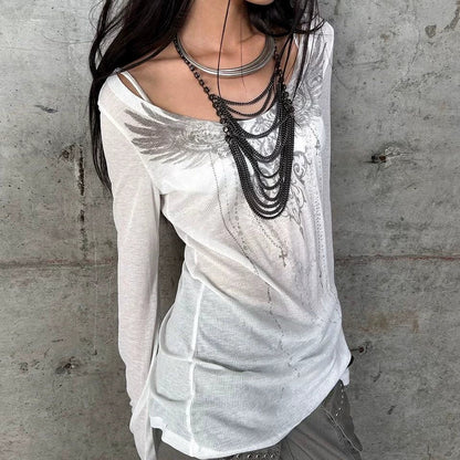 White Cutout Print Light Subculture Punk Y2K E-girl American Retro Long Sleeve Top