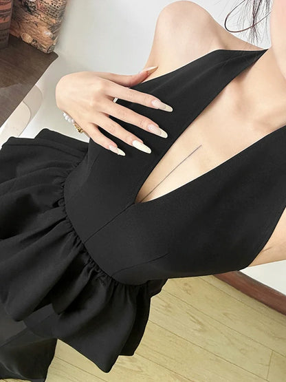 Mature Elegant Black V-Neck Halter Tulle-Paneled Sheer Fake Two-Piece Maxi Dress