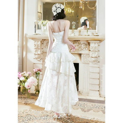 French Asymmetrical Jacquard Drawstring Gown Dress