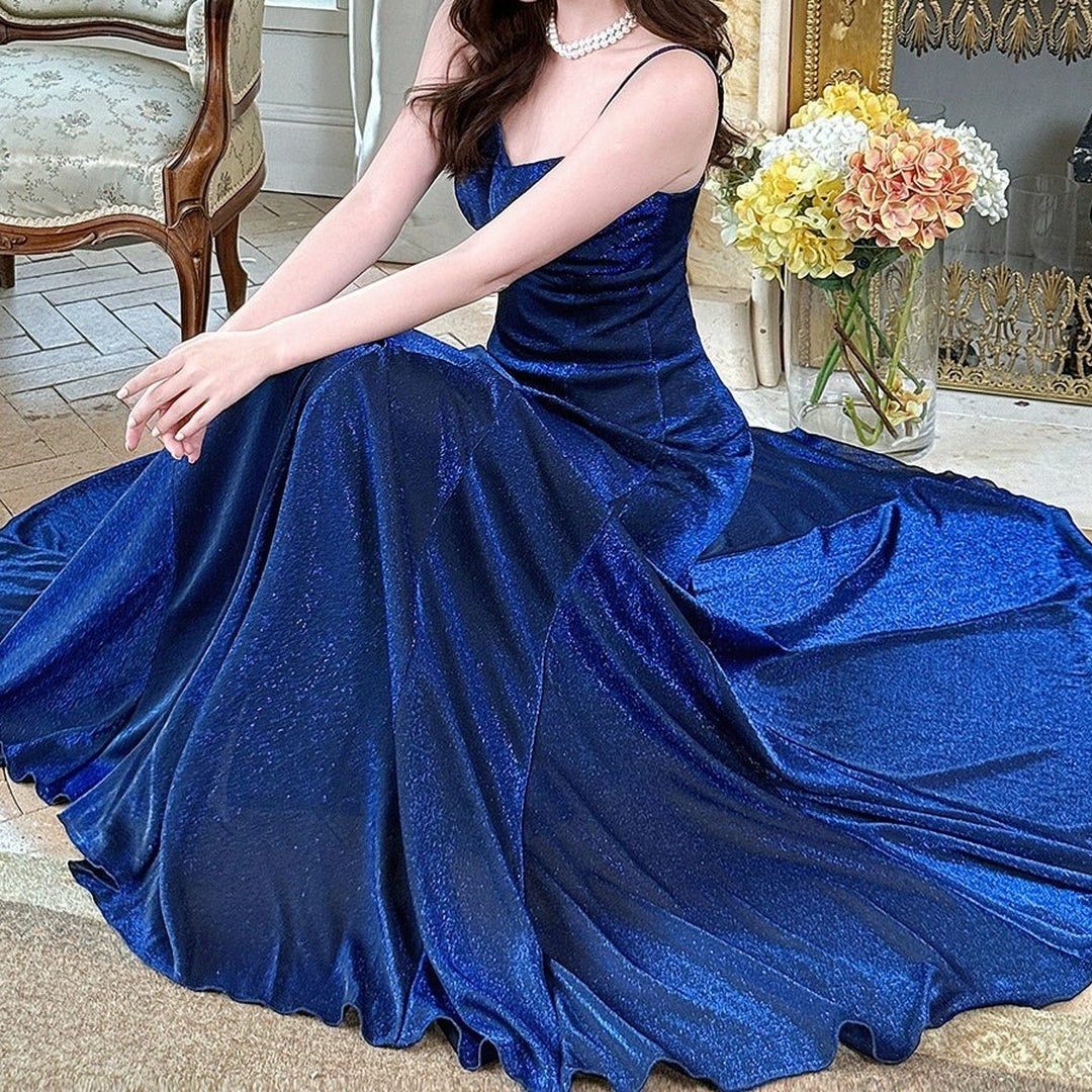 Blue Velvet Halter Gown Prom Dress