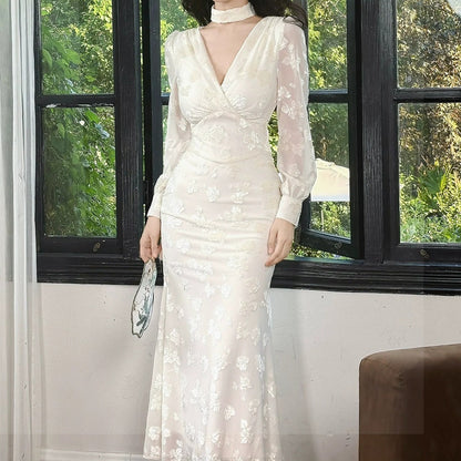 French V-Neck Long Sleeve Mermaid Gown Dress