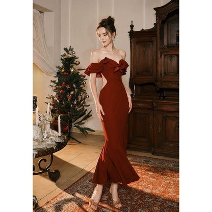 French One Shoulder Mermaid Cutout Waist Gown Dress