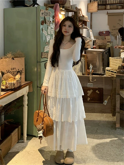 White Open-Back Ballet-Inspired Tiered Midi Dress