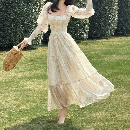 French Printed Puff Sleeve Resort Gown Dress