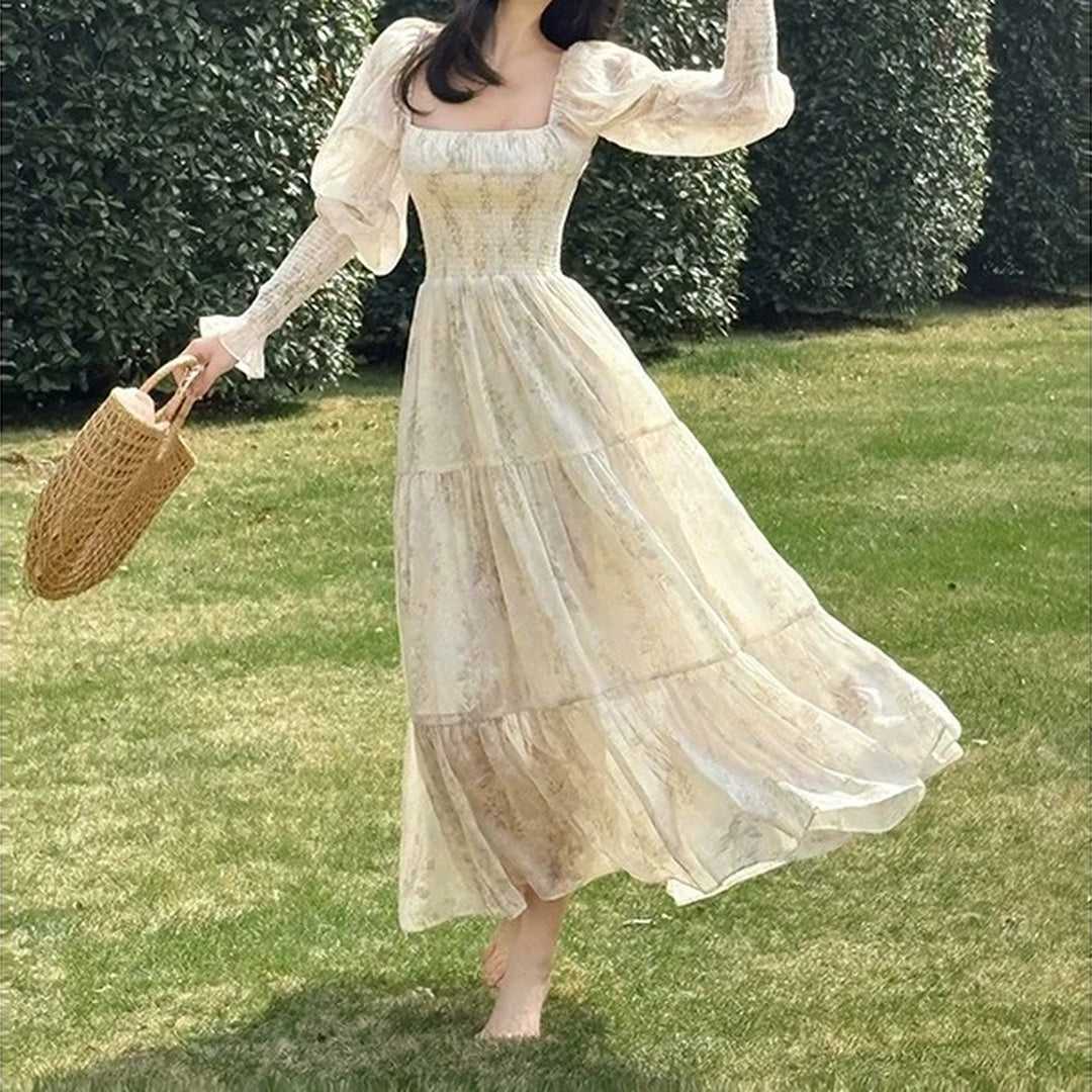 French Printed Puff Sleeve Resort Gown Dress