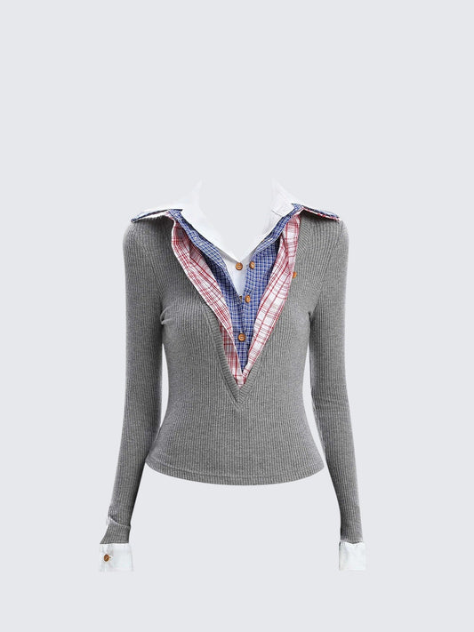 Korean Layered Four-in-One Knit Shirt Women