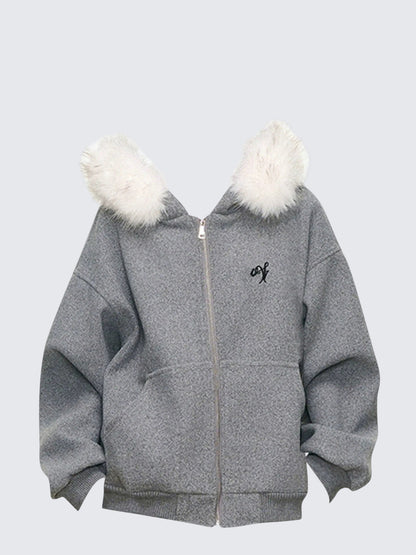 Grey Faux Fur Zip Jacket