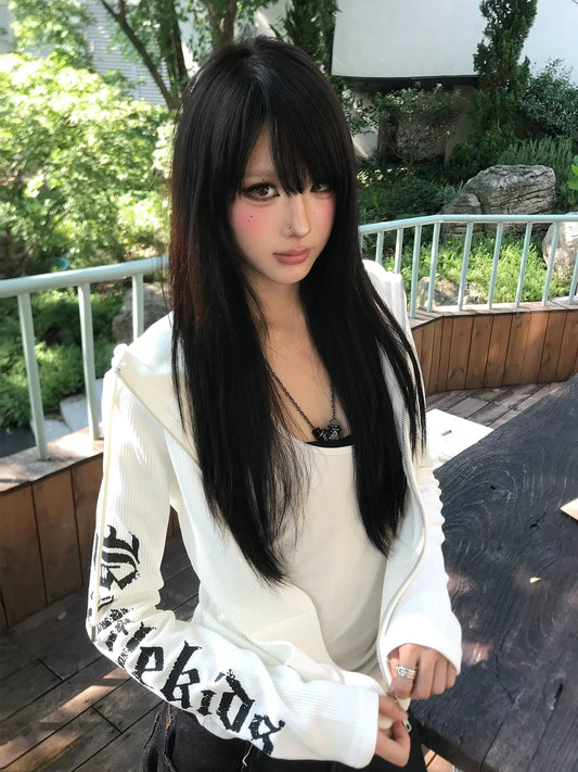 American Gothic Fitted Hoodie Jacket Retro Letter Print Zip-Up Sweatshirt