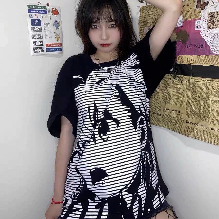 Black Tarmac Print Set Subculture Punk Y2K Japanese Anime T-shirt + Black Tiered Skirt Set
