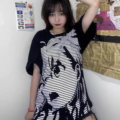 Black Tarmac Print Set Subculture Punk Y2K Japanese Anime T-shirt + Black Tiered Skirt Set