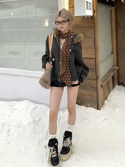 American Vintage Fur Collar Sweatshirt Jacket  Heavy Fleece Striped Outerwear Warm Loose Top