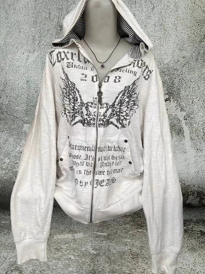 White Gray Y2K Punk Gothic Vintage Print Hoodie