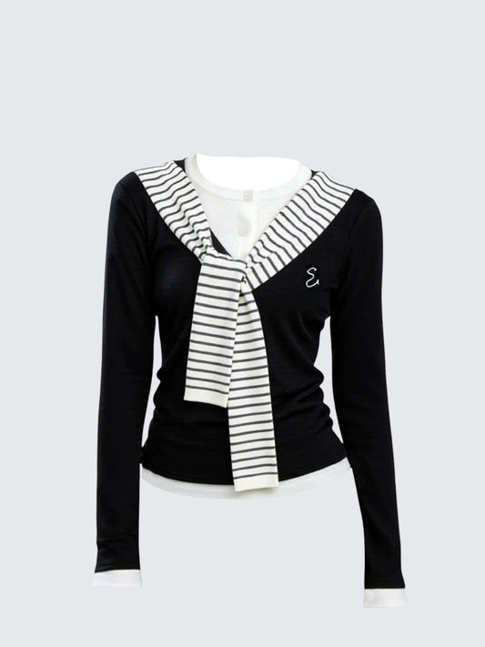 Black & White Layered Shoulder Knit Top