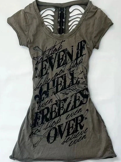 Letter Ripped Subculture Rock Punk Y2K Abi E-girl American Retro Letter Ripped Short Sleeve Top