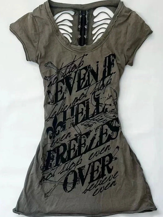 Letter Ripped Subculture Rock Punk Y2K Abi E-girl American Retro Letter Ripped Short Sleeve Top