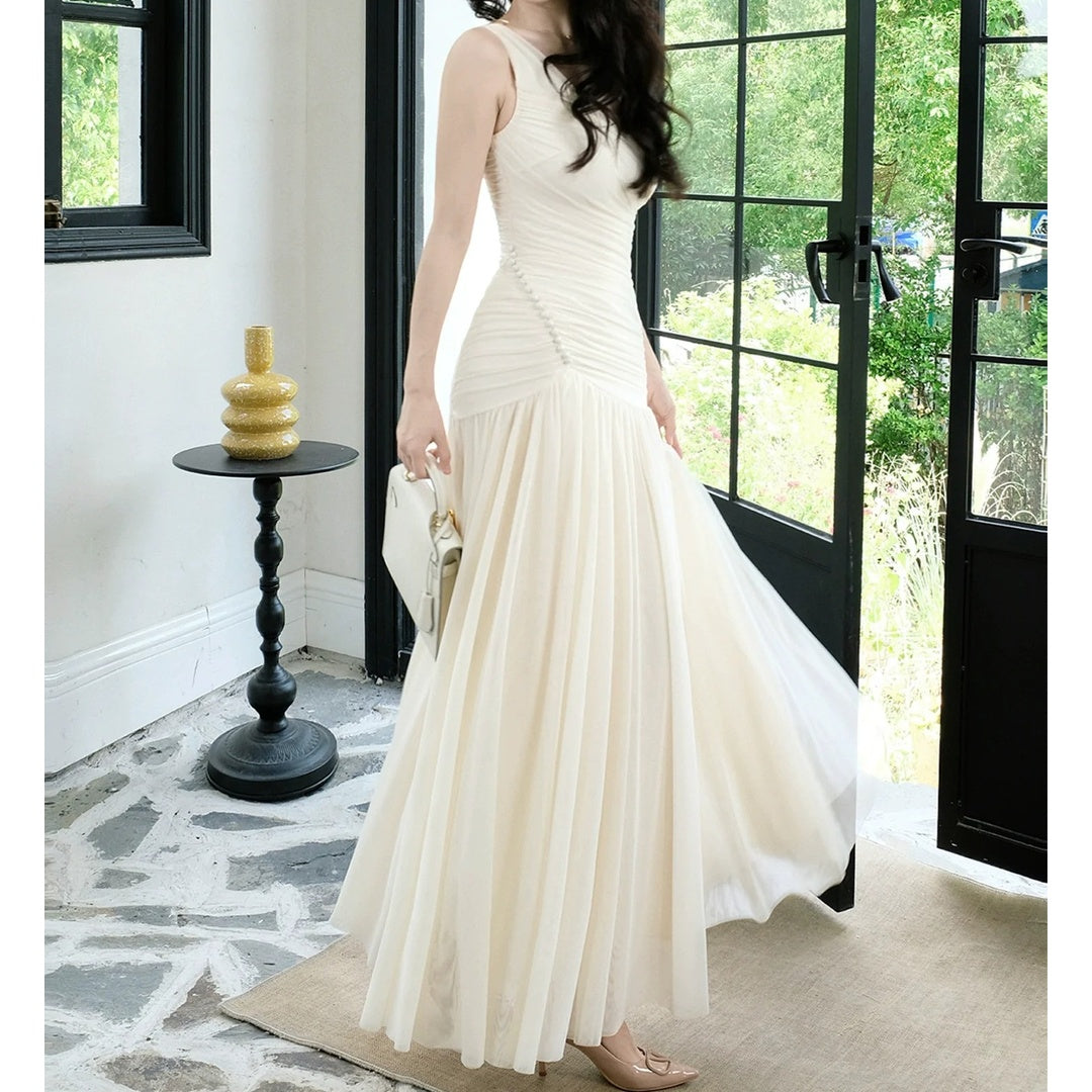 French V-Neck Asymmetrical Spaghetti Gown Dress