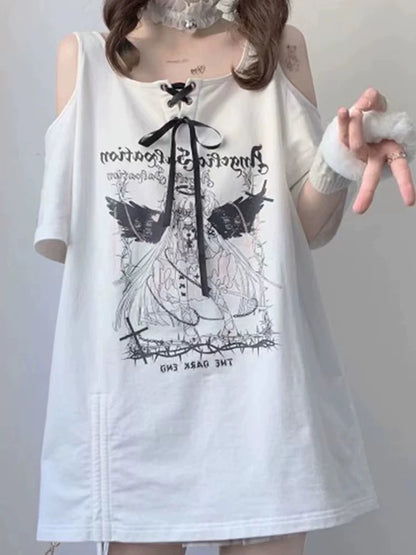 White Off-Shoulder Tie Angel Print Oversized Mid-Length Y2K T-Shirt