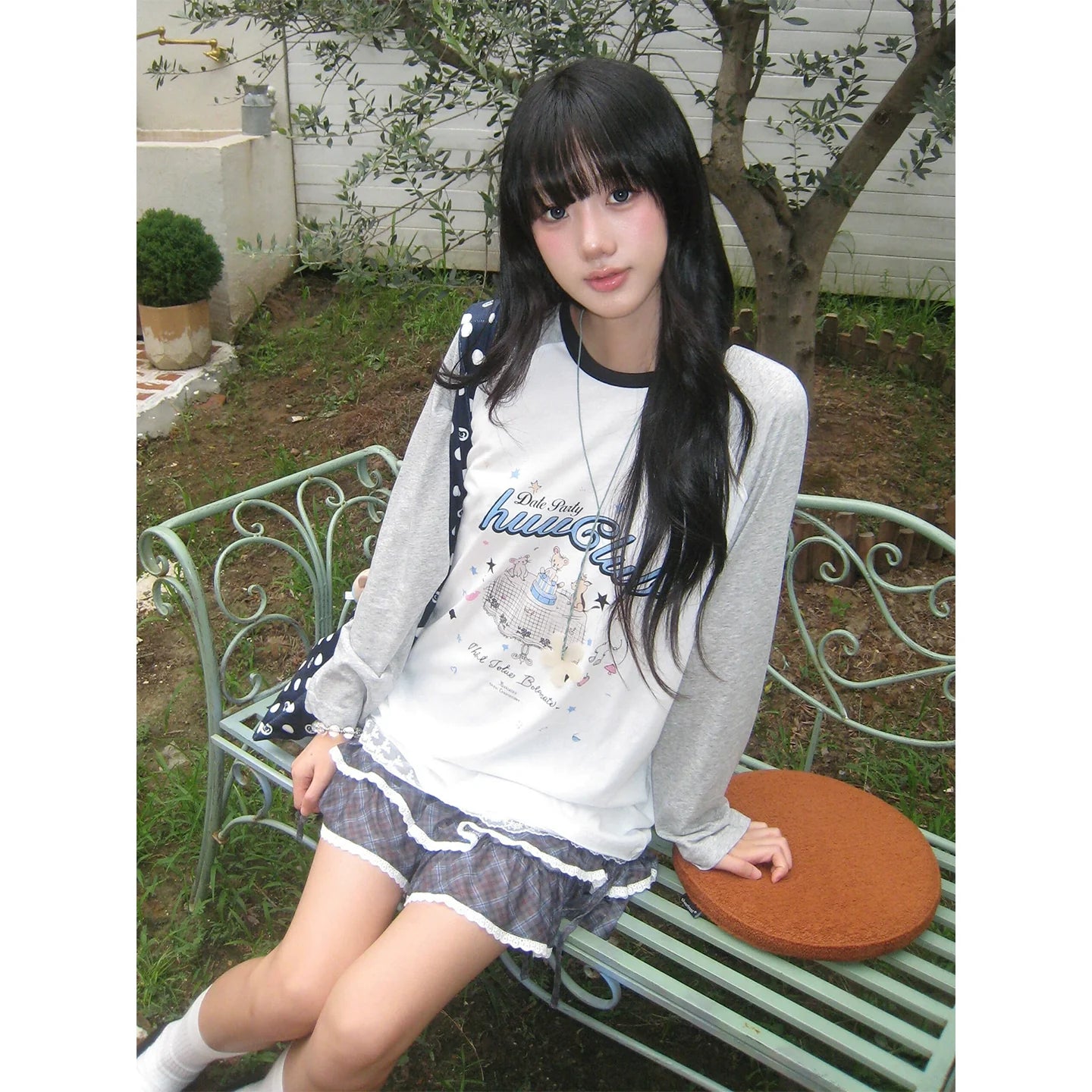 Korean Ambient Raglan Long Sleeve Tee Early Autumn Cartoon Print Lace Trim Loose Top