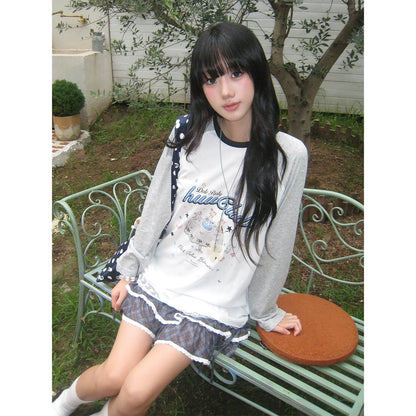 Korean Ambient Raglan Long Sleeve Tee Early Autumn Cartoon Print Lace Trim Loose Top