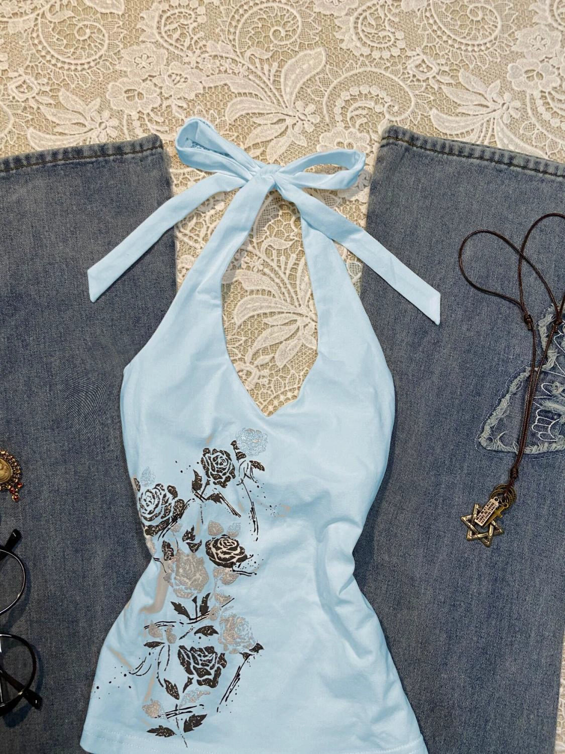 Blue American Vintage Rose Print Halter Y2K Tank Top