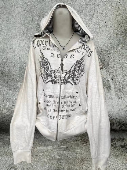 White Gray Y2K Punk Gothic Vintage Print Hoodie