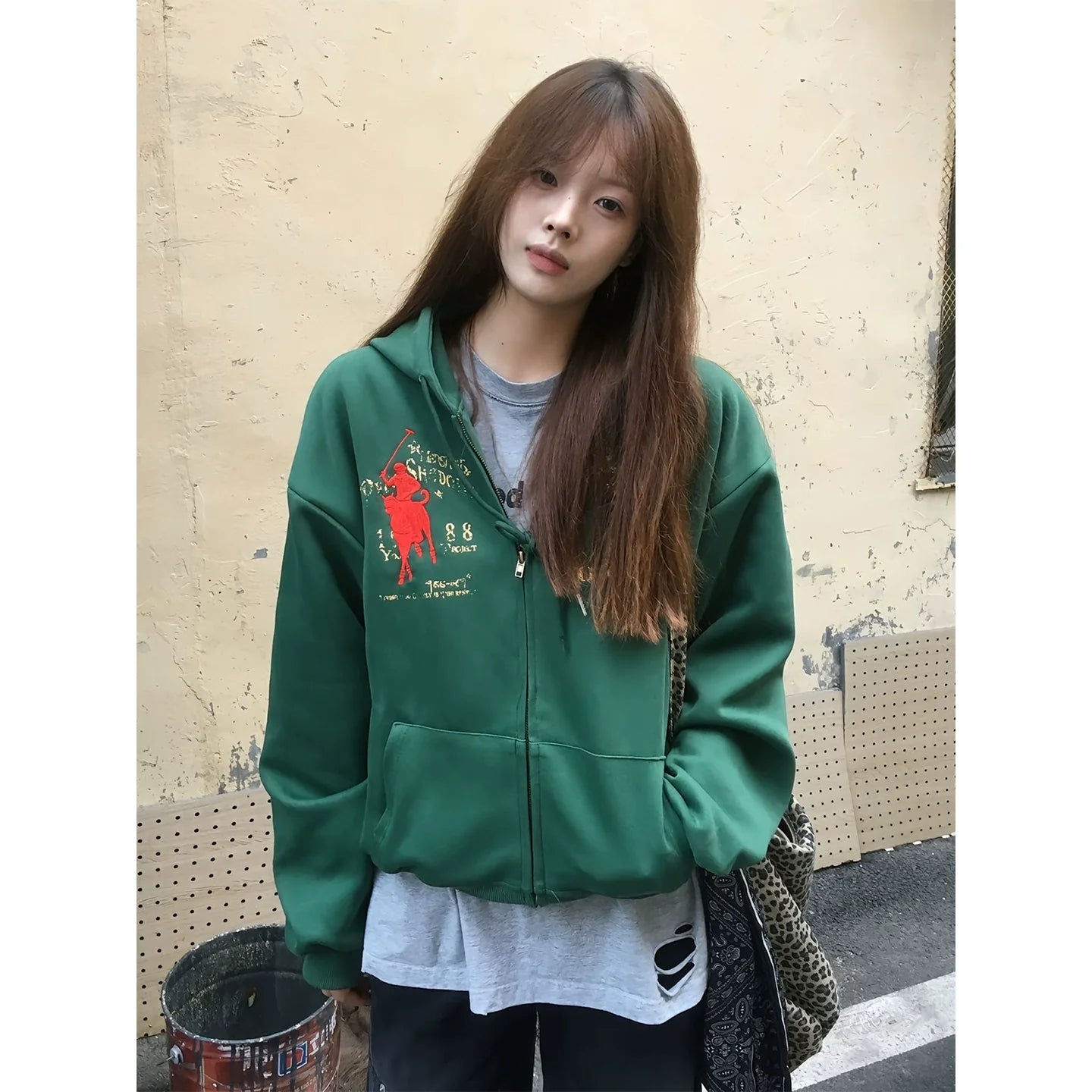 Vintage Letter Embroidered Hoodie Zip-Up for Autumn Winter