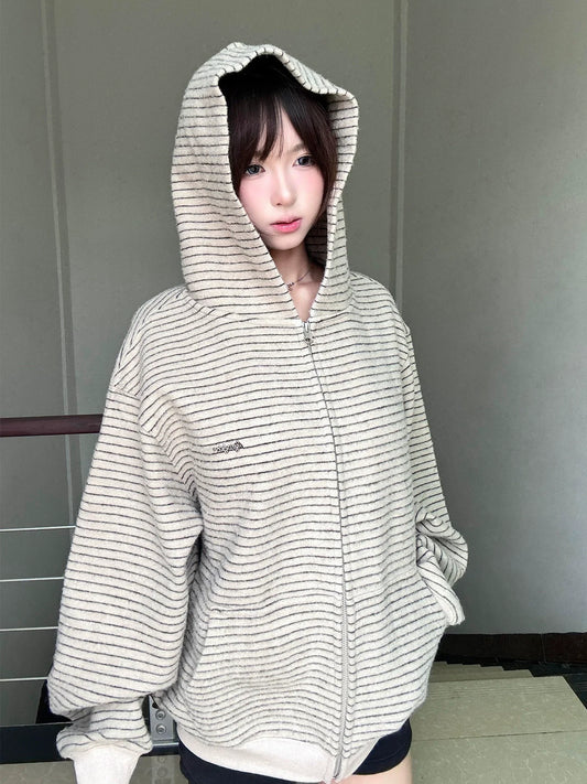 American Striped Zip-Up Hoodie Retro Loose Sweatshirt Jacket