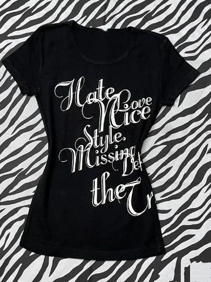 Black Subculture Punk Y2K E-girl Shibuya Girl Abi Vintage Print Slim Light Subculture Short Sleeve Top