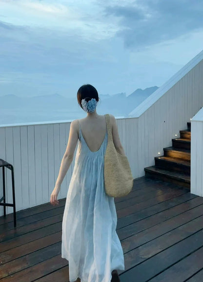 Pleated Tencel Backless Spaghetti-Strap Beach Dress