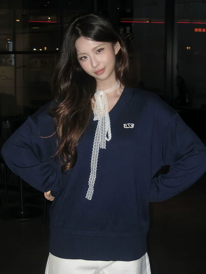 Korean V-Neck Knit Sweater Early Autumn Vintage Lazy Style Pullover Loose Fit