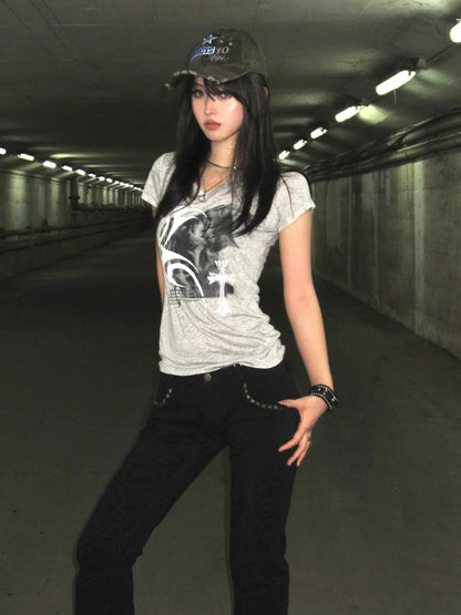 Y2K V Neck Fitted Tee