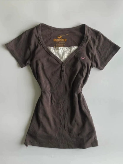Brown Subculture Y2K E-girl American Retro V-neck Vintage Fake Two-Piece Short Sleeve Top