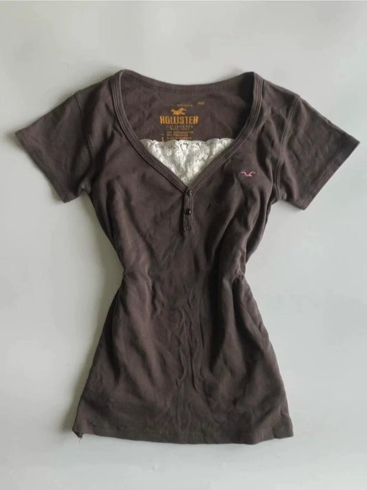 Brown Subculture Y2K E-girl American Retro V-neck Vintage Fake Two-Piece Short Sleeve Top