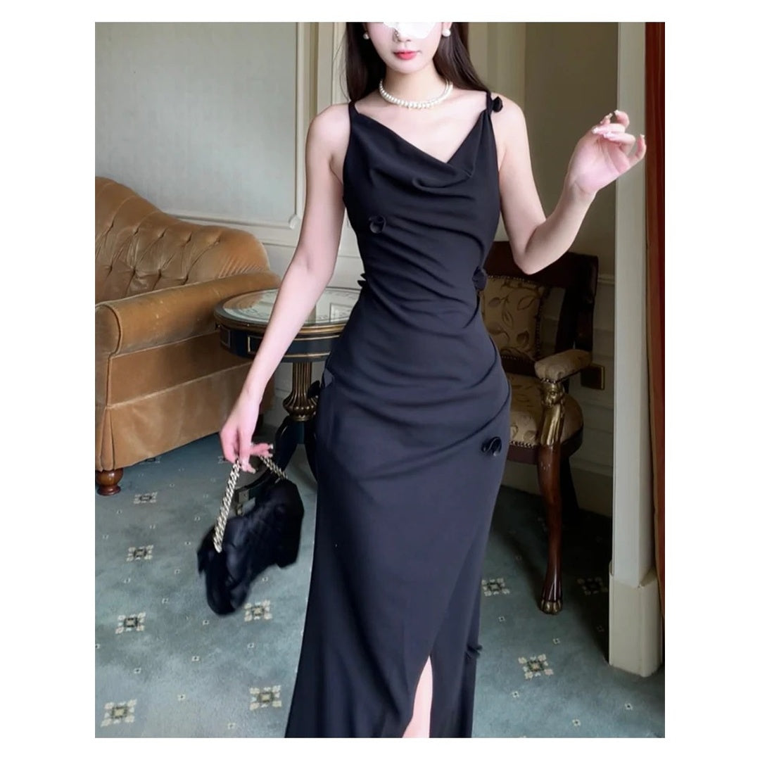 French Black Chic Spaghetti Gown Dress