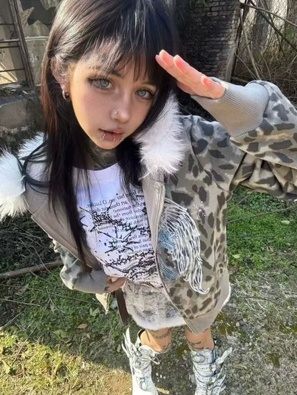 Y2K Leopard Fur Collar Cropped Hoodie Top